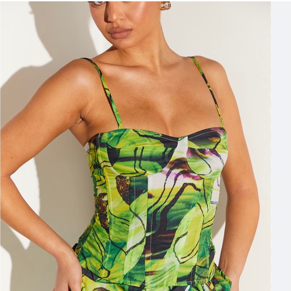 Pretty Little Things Green Abstract Swirl Structured Corset Top Size 8